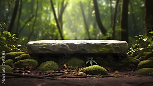 Podium with green plant background