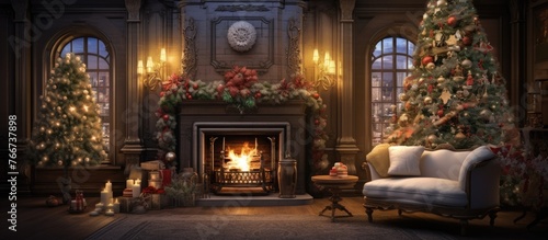 The cozy living space is adorned with a fireplace and two Christmas trees, creating a warm holiday atmosphere © TheWaterMeloonProjec