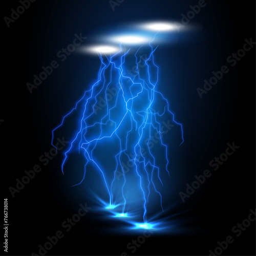 Glowing blue lightning, thunder, thunderstorm, and thunderbolt strike vector. Electric flash and lightning sparks illuminate a black background, creating an energy discharge. Vector. 
