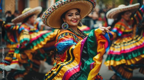 Smiling woman in traditional Mexican dress performing a folk dance, with the vivid colors and movement capturing the joy of the festival Cinco de Mayo