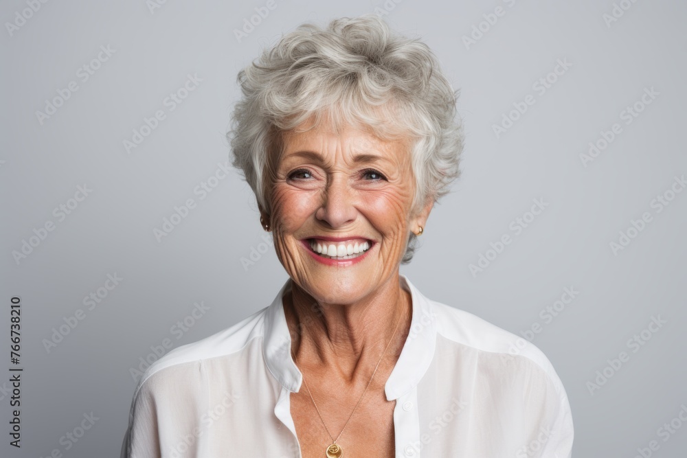 Portrait of a happy senior woman smiling at the camera against grey background Portrait of a happy senior woman smiling at the camera against grey background