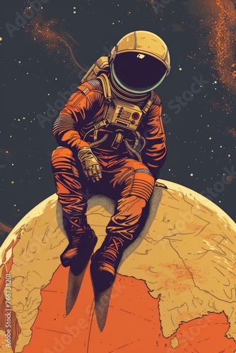 Spaceman in spacesuit sits on another planet globe. 1960s style illustration. Astronaut in space. AI Generated 