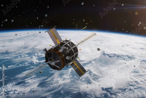 Futuristic space debris cleanup mission using advanced robotic satellites
