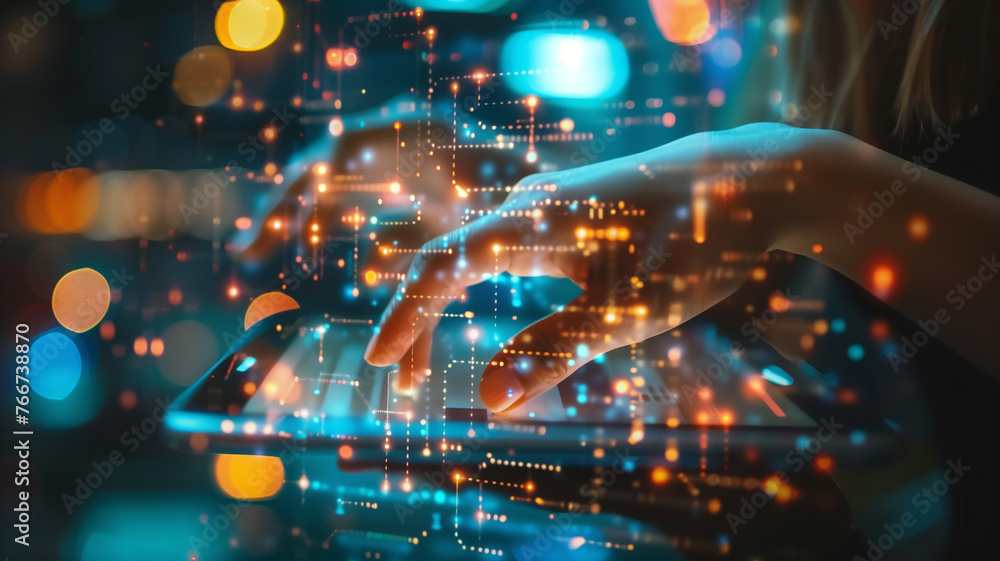 custom made wallpaper toronto digitalHand Pressing a Button on a Futuristic Neon Interface Screen. 