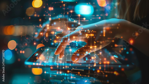 Wallpaper Mural Hand Pressing a Button on a Futuristic Neon Interface Screen.  Torontodigital.ca