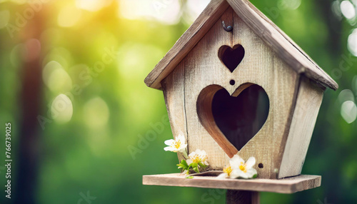 Heart-shaped birdhouse nestled in spring foliage, symbolizing love and home, against blurred outdoor backdrop. Copy space