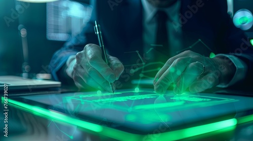 Paperless workplace idea, e-signing, electronic signature, document management. A businessman signs an electronic document on a digital document on a virtual notebook screen using a stylus pen.