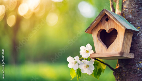 Heart-shaped birdhouse nestled in spring foliage, symbolizing love and home, against blurred outdoor backdrop. Copy space © Your Hand Please