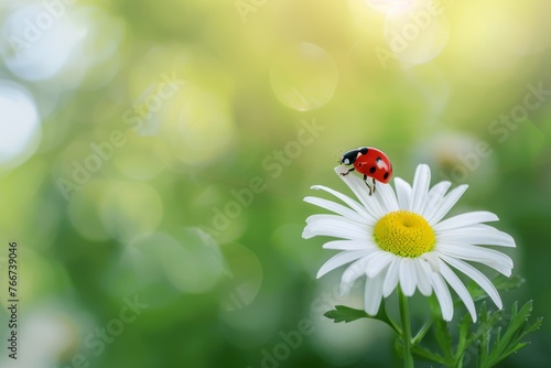 Daisy with ladybug on sunny background