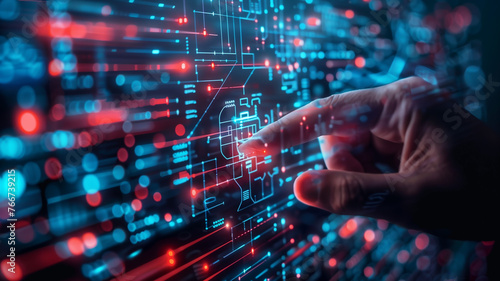 Wallpaper Mural Hand Pressing a Button on a Futuristic Neon Interface Screen.  Torontodigital.ca