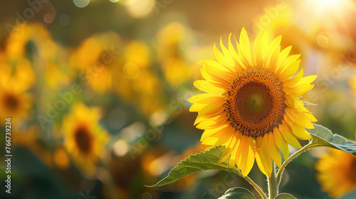 Sunflower on blurred sunny nature background. Horizontal agriculture summer banner with sunflowers field