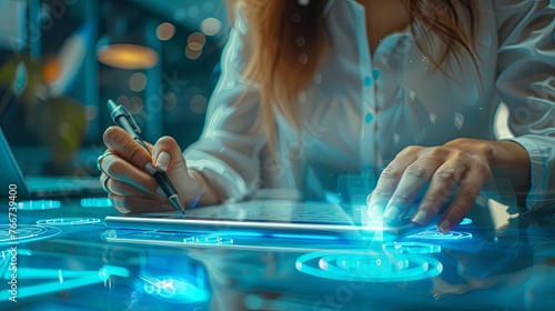 Paperless workplace idea, e-signing, electronic signature, document management. A businesswoman signs an electronic document on a digital document on a virtual notebook screen using a stylus pen.