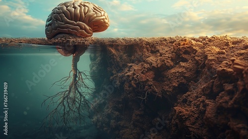 A brain sprouting roots that extend deep into the ground signifying the grounded nature of spiritual growth and contemplation.