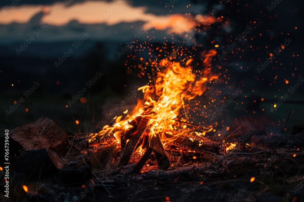 Bonfire at night. Flames of fire against cloudy sky at sunset. Campfire in the country. AI Generated Bonfire at night. Flames of fire against cloudy sky at sunset. Campfire in the country. AI Generated