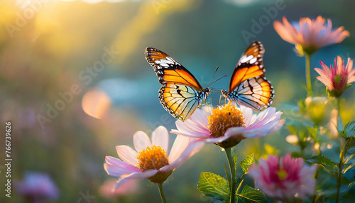 butterflies on flowers in a garden backlight, symbolizing beauty and transformation