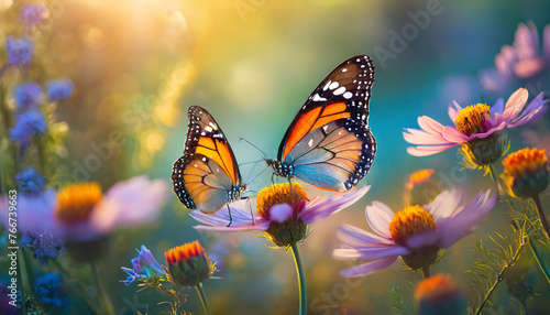 butterflies on flowers in a garden backlight  symbolizing beauty and transformation
