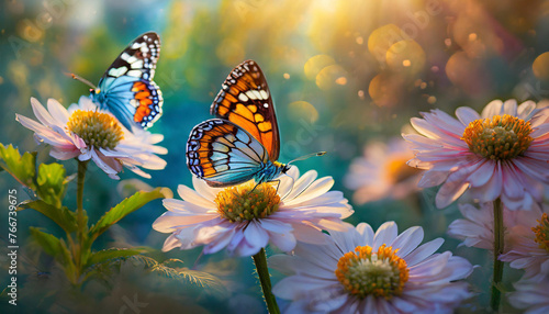 butterflies on flowers in a garden backlight  symbolizing beauty and transformation