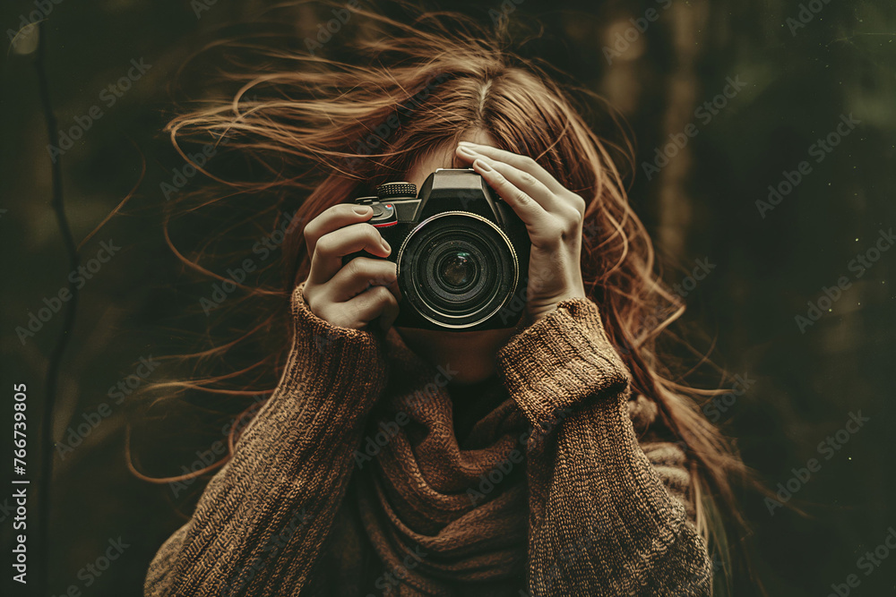 Redhead woman photographer behind the camera Redhead woman photographer behind the camera