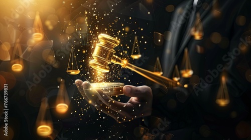 Court of Law and Justice Trial Session Imparcial Honorable Judge Pronouncing Sentence, striking Gavel. Focus on scales of justice ,Mallet, Hammer. Attorney lawyers in the digital consultant. hologram. photo