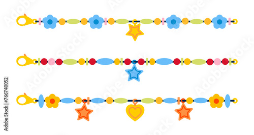 Set of beads bracelets. Cartoon cute bracelets made of colorful beads. Children's plastic jewelry on wrist.Friendship retro bracelets isolated on white background. Kid's jewelry