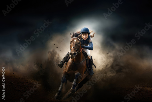 Girl jockey on a racehorse. Race track. Horseback riding. Derby. Speed. Motion blur