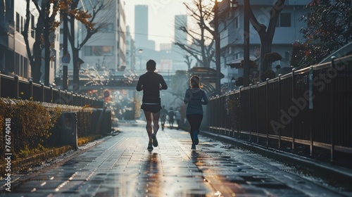 Sporty couple jogging outdoors in the city in the morning, back view. Healthy lifestyle. AI Generated