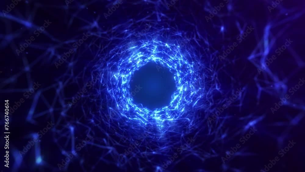 Flying in a motion digital low-poly wormhole, tunnel consisting blue sparkling particle and lines. Way through the digital abstract network beautiful blue particles. 4k 60fps Sci-fi looped animation.