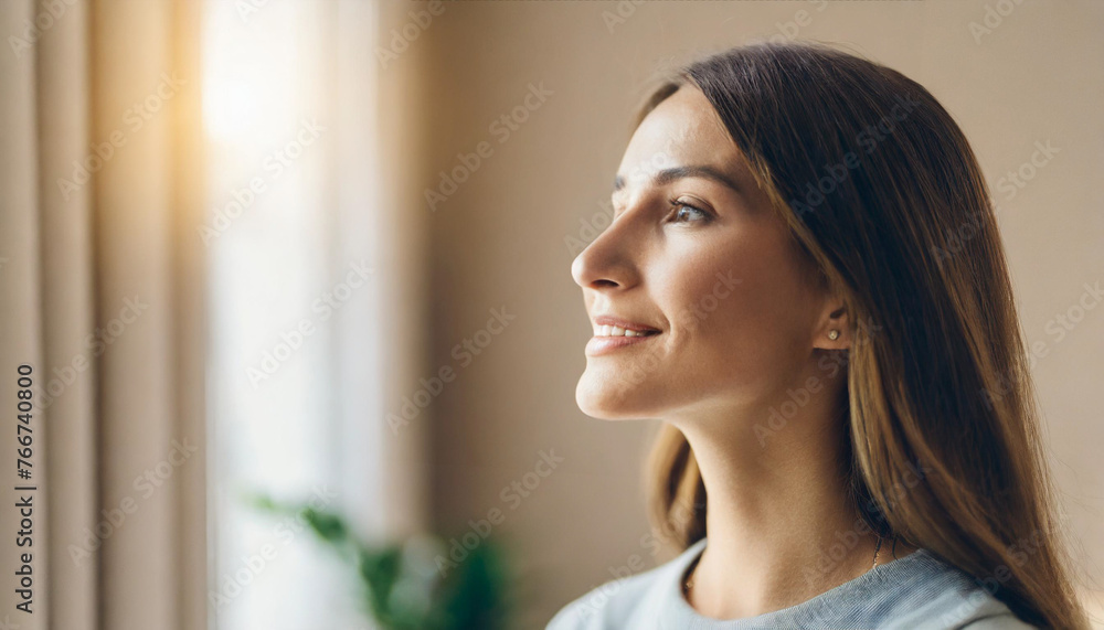 side profile of blissful young woman in her 30s, reveling in relaxation, emitting tranquility and joy side profile of blissful young woman in her 30s, reveling in relaxation, emitting tranquility and joy