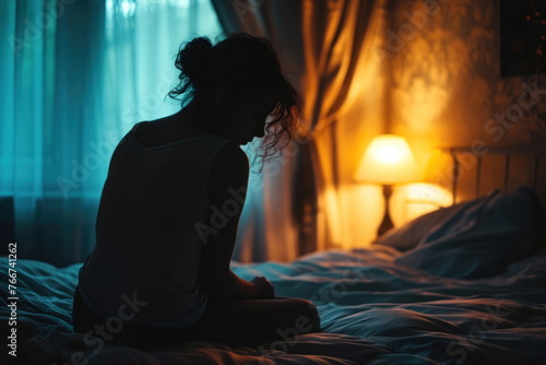 Silhouette woman sitting on the bed in the dark room, Sad woman