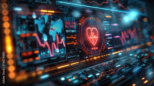 A close - up of a minimalist heart rate monitor screen displaying futuristic cardiac data and vital signs 