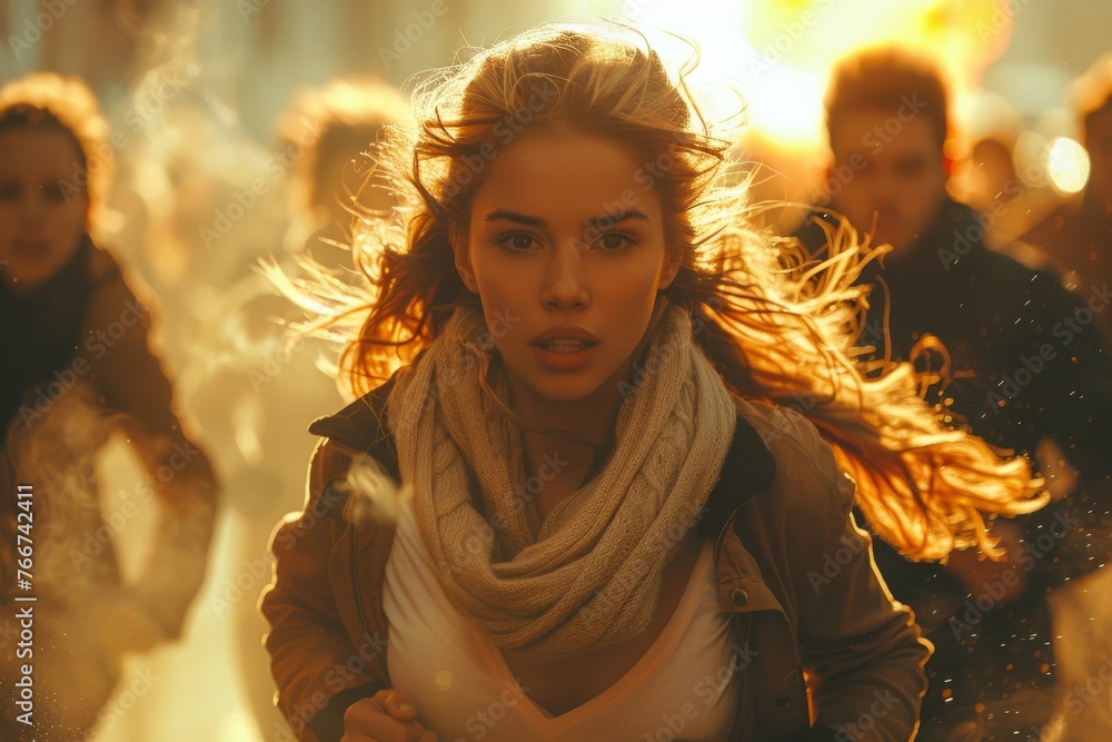 businesswomen running through the city, their movement accentuated by explosive bursts of color. businesswomen running through the city, their movement accentuated by explosive bursts of color.