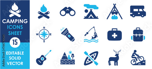 Camping flat icons set. Camp, domestic tourism, hiking, picnic and so on. Flat vector travel and hike icons set.