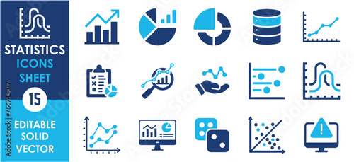 Statistics flat icons set. Graph, chart, analysis, survey, probability and so on. Flat icons set related to statistics.