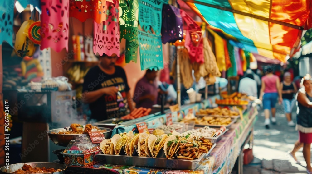 Bustling Mexican street food market with colorful papel picado overhead and a variety of traditional foods on display.