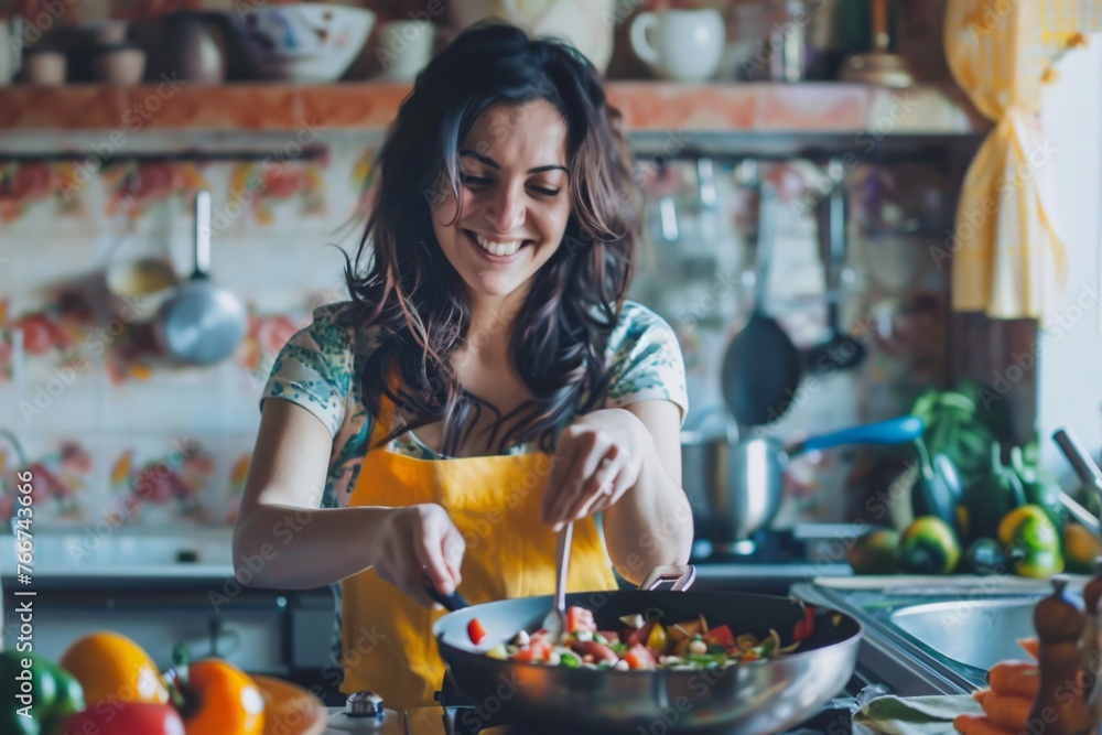 Woman enjoy cooking and preparing food for her family in the kitchen