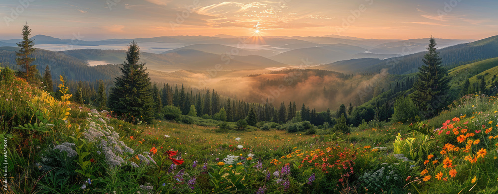 A panoramic view of the Carpathian Mountains at sunrise, with mist rolling over hills covered in wildflowers and pine forests - obrazy, fototapety, plakaty 