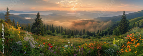 A panoramic view of the Carpathian Mountains at sunrise, with mist rolling over hills covered in wildflowers and pine forests