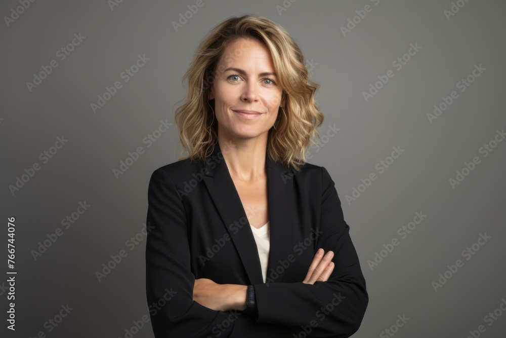 Portrait of a confident businesswoman with arms crossed over grey background Portrait of a confident businesswoman with arms crossed over grey background