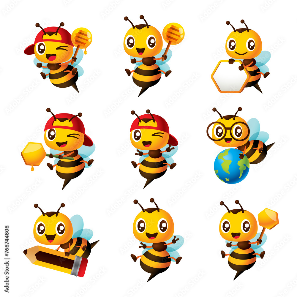 Cartoon cute bee mascot set. Cartoon cute bee showing different pose with holdin honey dipper, pencil, globe, honeycomb sign and wearing cap. Illustration isolated Cartoon cute bee mascot set. Cartoon cute bee showing different pose with holdin honey dipper, pencil, globe, honeycomb sign and wearing cap. Illustration isolated