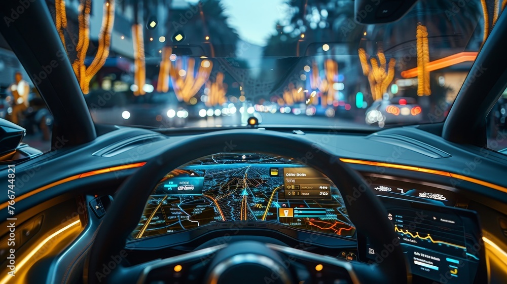 A close - up of a UHD digital display inside a hybrid car, highlighting real - time energy consumption and eco - driving  - obrazy, fototapety, plakaty 