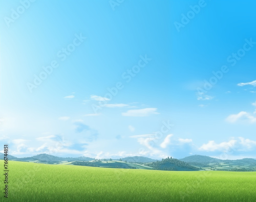 Clear sky scenery background. Green meadow, mountain ranges and blue sky. Used for backdrops, posters, postcards, brochures and wallpapers. © ongart