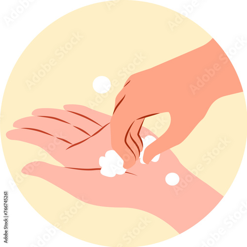 Wash hands procedure infographic:  scratch palm center thoroughly
