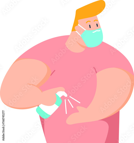 Man practicing protective measure ---using alcohol spray