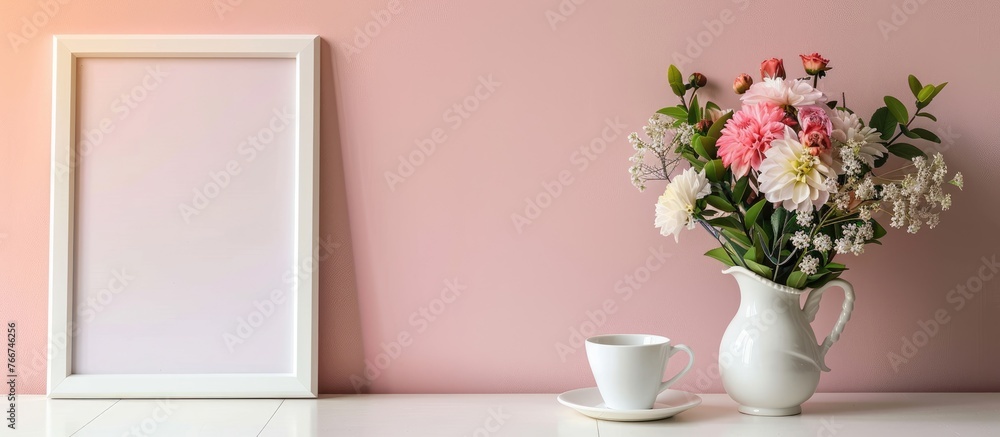 Picture frame adorned with flowers in a vase and a coffee cup showcased on a white table with empty room for text and customization for your blog. - obrazy, fototapety, plakaty 