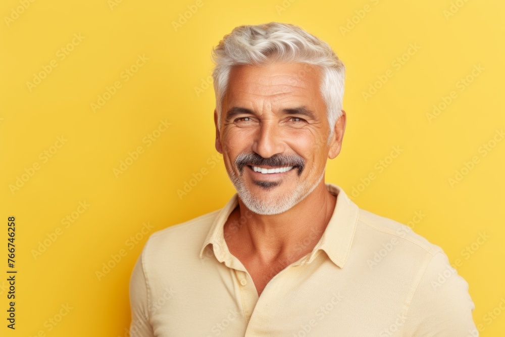 Portrait of a happy senior man with white hair and beard looking at camera over yellow background Portrait of a happy senior man with white hair and beard looking at camera over yellow background
