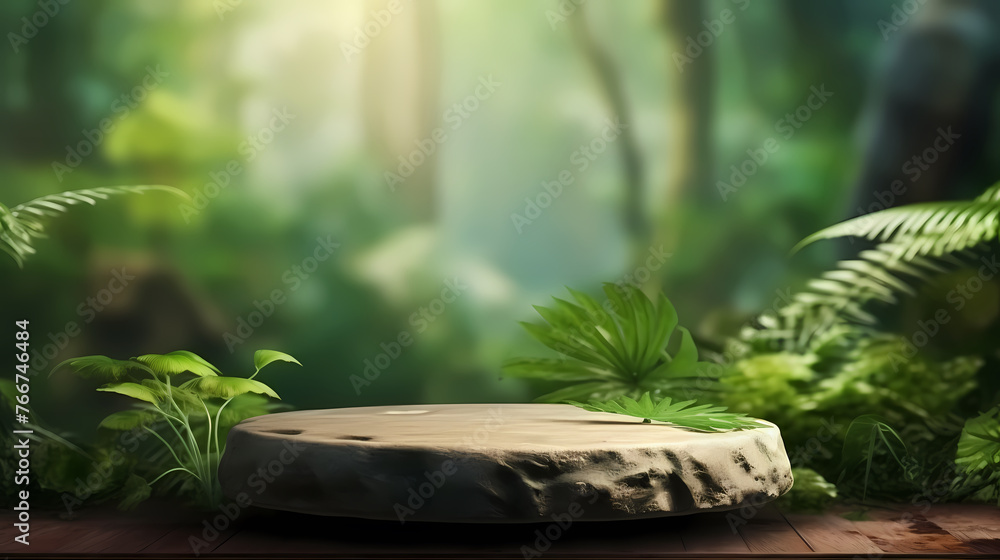 Podium displaying product advertisement on blurred background of green jungle Podium displaying product advertisement on blurred background of green jungle