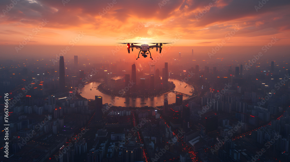 A drone flies above a sprawling urban cityscape, capturing the fiery hues of sunset that blanket the sky and reflect off the meandering river below A drone flies above a sprawling urban cityscape, capturing the fiery hues of sunset that blanket the sky and reflect off the meandering river below