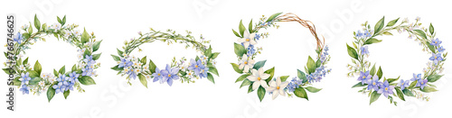 4 Boho chic floral crown, with jasmine and forget-me-not flowers, botanical illustration, watercolor clipart, Lauren wreath, cutout on white background, floral decorative element, for scrapbook, craft photo