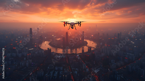 A drone flies above a sprawling urban cityscape, capturing the fiery hues of sunset that blanket the sky and reflect off the meandering river below