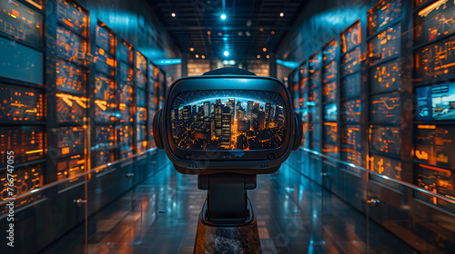 A virtual reality headset stands in a server room, displaying a vivid cityscape panorama within its screen, symbolizing the blend of technology and virtual experiences © kaitong1006